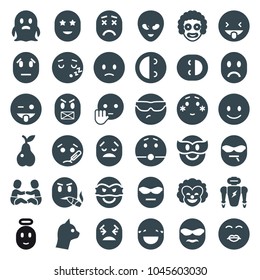 Character icons. set of 36 editable filled character icons such as smiling emot, sad emot, emoji showing tongue, shy emoji, clown, cat, pear, robot, ghost, alien head, ninja