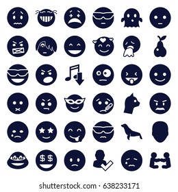 Character icons set. set of 36 character filled icons such as seal, face, smiling emot, laughing emot, emoji in mask, ghost, happe emoji with star eyes, dollar smiley, ninja