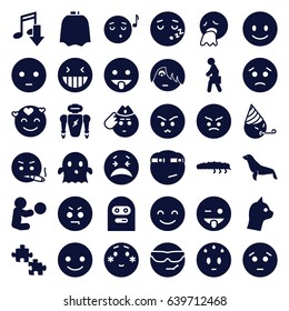 Character icons set. set of 36 character filled icons such as seal, hairdresser peignoir, smiling emot, laughing emot, emoji showing tongue, emoji listening music, ghost