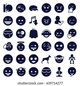 Character icons set. set of 36 character filled icons such as hedgehog, dog, hairdresser peignoir, smiling emotion, crazy emot, emoji in mask, emoji showing tongue, robot