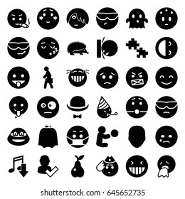 Character icons set. set of 36 character filled icons such as hedgehog, face, hairdresser peignoir, laughing emot, smiling emot, shy emoji, ghost, emoji in mask