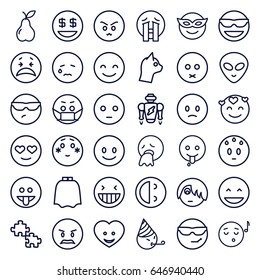 Character icons set. set of 36 character outline icons such as hairdresser peignoir, pear, heart face, laughing emot, smiling emot, emoji in mask, emoji listening music