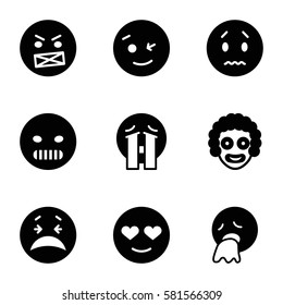 character icons set. Set of 9 character filled icons such as wink emot, sad emot, crying emoji