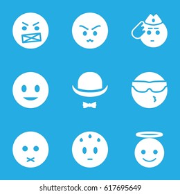 Character icons set. set of 9 character filled icons such as smiling emot, sad emot, emoji angel