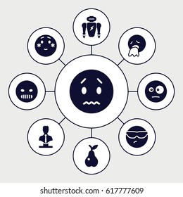 Character icons set. set of 9 character filled icons such as bust, sad emoji, cool emoji in sunglasses, shy emoji, pear