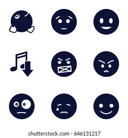 Character icons set. set of 9 character filled icons such as smiling emot, sad emot, dancing emoji