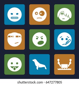 Character icons set. set of 9 character filled icons such as seal, angry emot, surprised emot, rolling eyes emoji