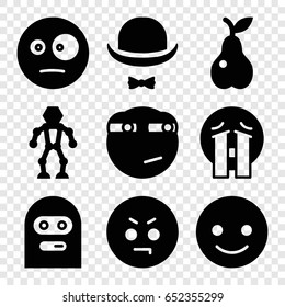 Character icons set. set of 9 character filled icons such as smiling emot, angry emot, crying emoji, rolling eyes emoji, pear, hat and moustache