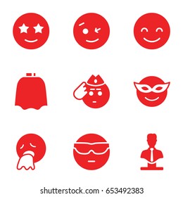 Character icons set. set of 9 character filled icons such as hairdresser peignoir, bust, wink emot, smiling emot, emoji in mask