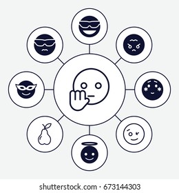 Character icons set. set of 9 character filled and outline icons such as emoji in mask, emot in sun glasses, cool emot in sunglasses, emoji angel