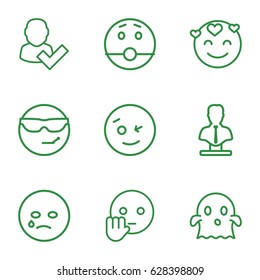 Character icons set. set of 9 character outline icons such as bust, wink emot, crying emot, ghost
