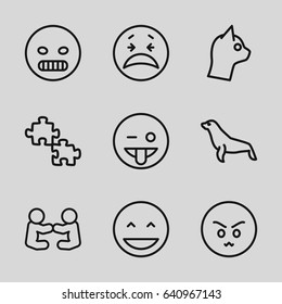 Character icons set. set of 9 character outline icons such as seal, laughing emot, crying emot, angry emot, emoji showing tongue, baby playing with another baby, cat