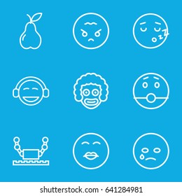 Character icons set. set of 9 character outline icons such as pear, crying emot, kiss emot, emoji, angry emoji, robot