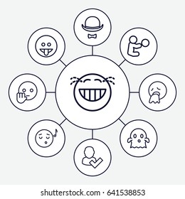 Character icons set. set of 9 character outline icons such as hat and moustache, emoji listening music, laughing emot, vomiting emot, ghost, user and tick