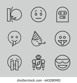Character icons set. set of 9 character outline icons such as emot in sun glasses, sad emot, crying emoji, emoji showing tongue