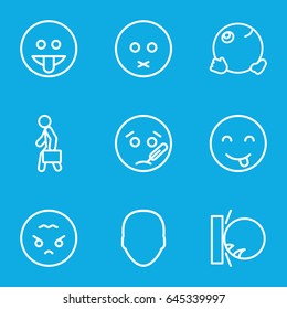 Character icons set. set of 9 character outline icons such as face, man with case, sad emot, emot showing tongue, angry emoji