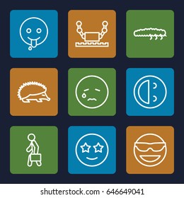 Character icons set. set of 9 character outline icons such as hedgehog, caterpillar, man with case, emot in sun glasses, crying emot, laughing emot, happe emoji with star eyes