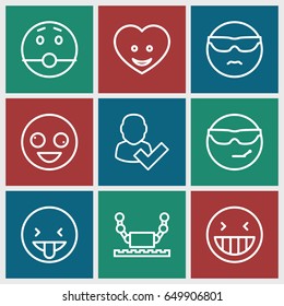 Character icons set. set of 9 character outline icons such as heart face, crazy emot, laughing emot, user and tick