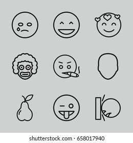Character icons set. set of 9 character outline icons such as face, pear, laughing emot, crying emot, emoji showing tongue