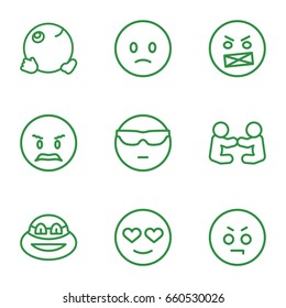 Character icons set. set of 9 character outline icons such as sad emot, cool emot in sunglasses, dancing emoji, ninja