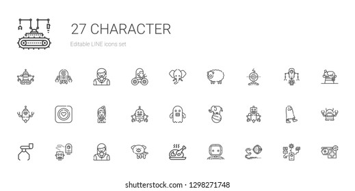 character icons set. Collection of character with robot, turkey, dog, woman, elephant, ghost, stewardess, condom, sheep, chameleon. Editable and scalable character icons.