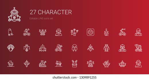 character icons set. Collection of character with robot, bunny, chameleon, turkey, elephant, walrus, condom, aristotle, bookworm, artist. Editable and scalable character icons.