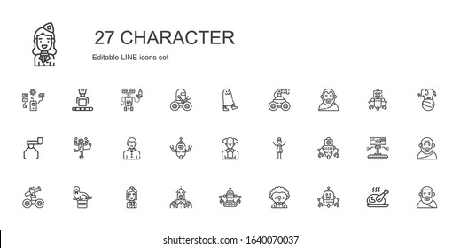 character icons set. Collection of character with robot, clown, stewardess, walrus, woman, vampire, monkey, aristotle, ghost, plato, turkey. Editable and scalable character icons.