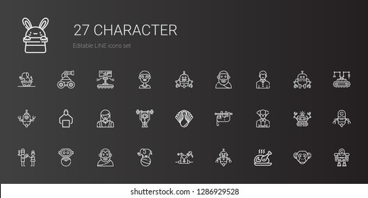 character icons set. Collection of character with turkey, robot, phantom, elephant, aristotle, father, clown, sloth, monkey, woman, vampire. Editable and scalable character icons.