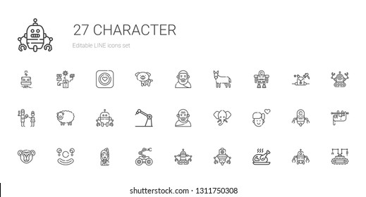 character icons set. Collection of character with turkey, robot, stewardess, clown, monkey, boy, elephant, socrates, sheep, father, donkey. Editable and scalable character icons.