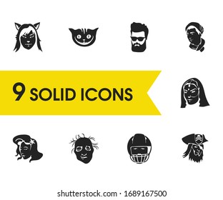 Character icons set with male in scarf, cheshire cat and mermaid elements. Set of character icons and pet concept. Editable vector elements for logo app UI design.