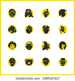 Character icons set with man in hat, french man and samurAI elements. Set of character icons and meloman concept. Editable vector elements for logo app UI design.