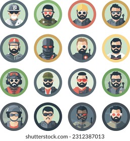 Iconos de personajes para un juego de tiradores en un estilo plano y diferentes tipos de personajes que se pueden jugar como soldados, mercenarios, francotiradores, comandos y pistoleros, en un fondo blanco y transparente