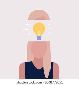 Character with idea light bulb head concept. Idea brainstorming. Vector illustration in a flat style.