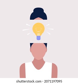 Carácter con concepto de cabeza de bombilla de ideas. Idea de lluvia de ideas. Ilustración vectorial en un estilo plano.