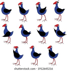 Ilustración de caracteres de un Pūkeko (ave nativa de Nueva Zelanda) con una mezcla de poses