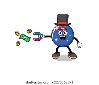 Character Illustration of australia flag catching money with a magnet , character design