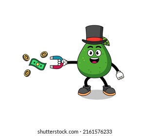 Character Illustration of avocado fruit catching money with a magnet , character design