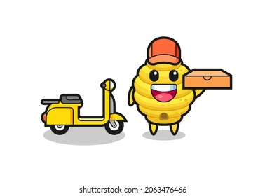 Character Illustration of bee hive as a pizza deliveryman , cute design