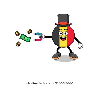 Character Illustration of belgium flag catching money with a magnet