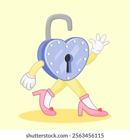 A character illustration of a blue heart shaped padlock mascot wears pink high heels. The character is playfully waving while walking, adding charm and fun to any project