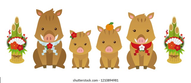 Character illustration of boar family. Japanese New year card.