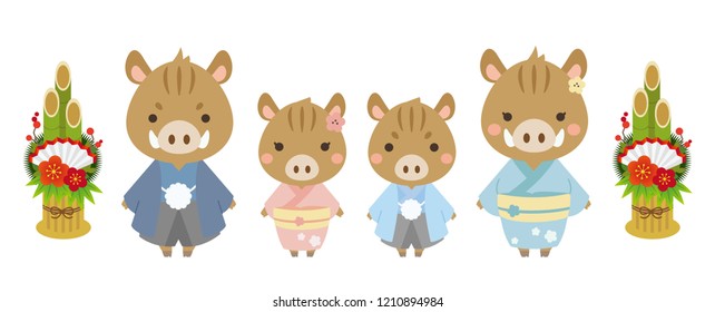 Character illustration of boar family. Japanese New year card.