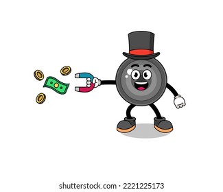 Character Illustration of camera lens catching money with a magnet , character design