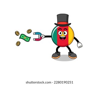 Character Illustration of cameroon flag catching money with a magnet , character design