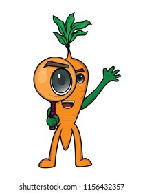 Character illustration with carrot theme using a magnifying glass. applied in t-shirt design, illustration of children's health education books and stickers