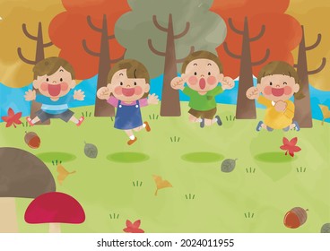 It is a character illustration of children jumping in the autumn leaves.