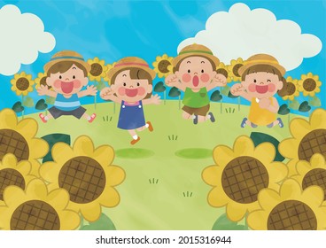 Es una ilustración de los niños saltando con un sombrero de paja en un campo de girasol.