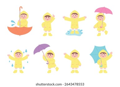 Ilustração de personagem de crianças em capas de chuva brincando em um dia chuvoso.