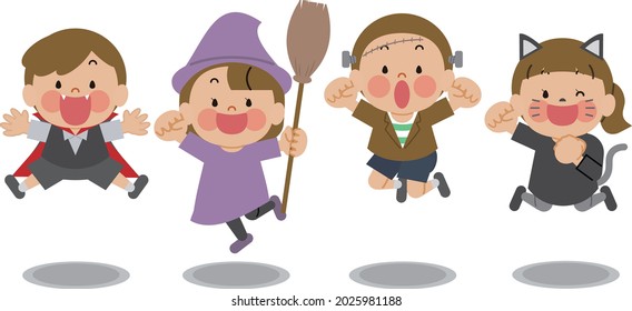 It is a character illustration of children who jump in costumes on Halloween.