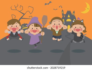 It is a character illustration of children who jump in costumes on Halloween.